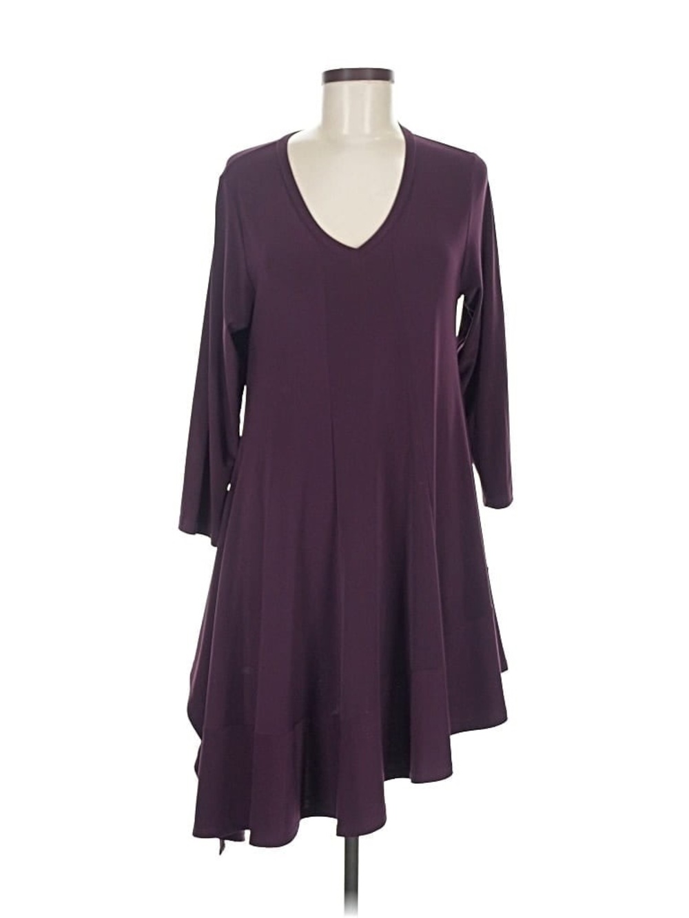 Sun Kim Tunic Medium Purple V Neck Lagenlook Jersey Sz S Stretch Hi Low Swing